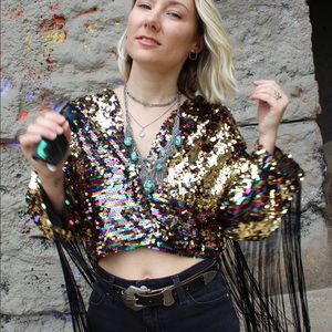 🌈 MISSGUIDED Sequin & Fringe Crop Jacket